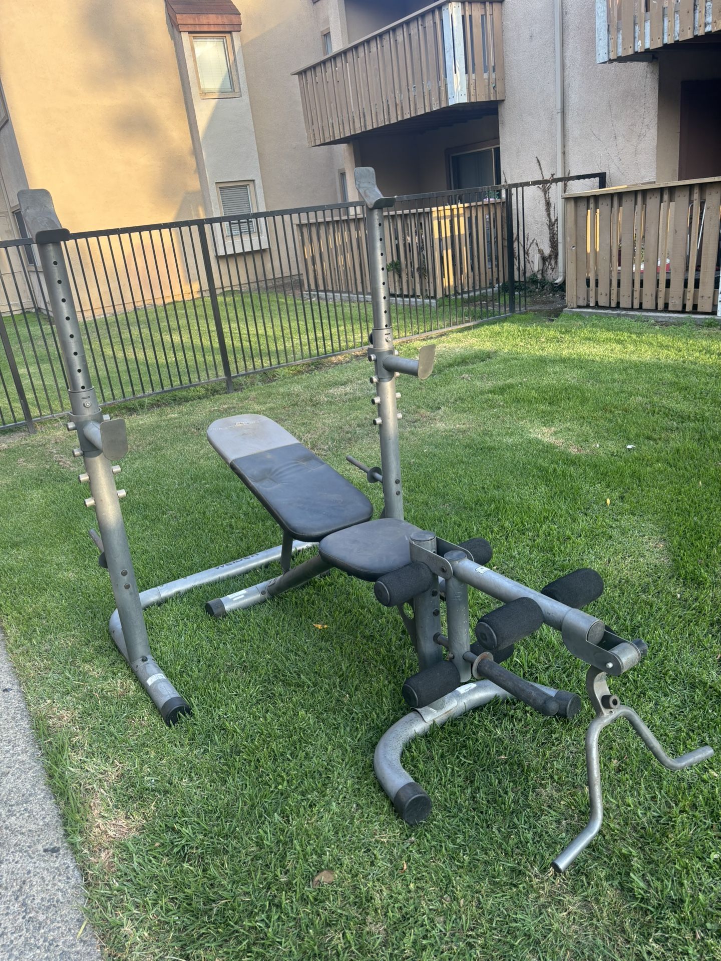 300 Lb Weights Set With Barbell ( 2.5 Lbs-45 Lbs ) With Adjustable Squat Rack/ Bench Press With Leg Developer And Curling Handle $250 FOR ALL