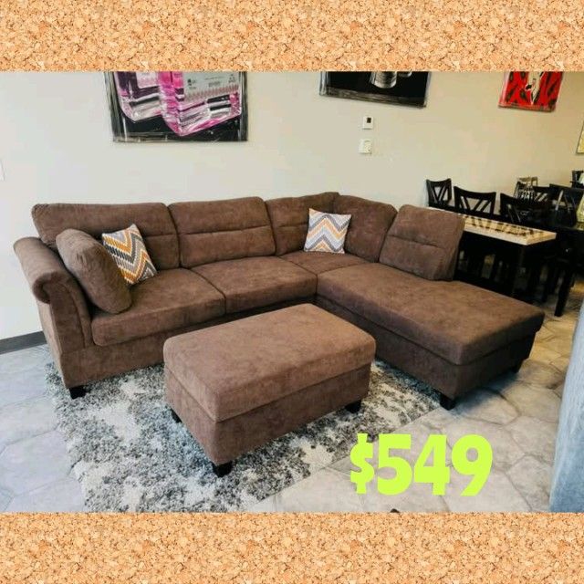 Brown fabric sectional sofa with right facing chaise,storage ottoman and 2 pillows