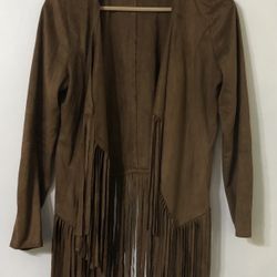Women’s open  cardigan Faux Suede leatherFringe Retro Chic long sleeves brown. S