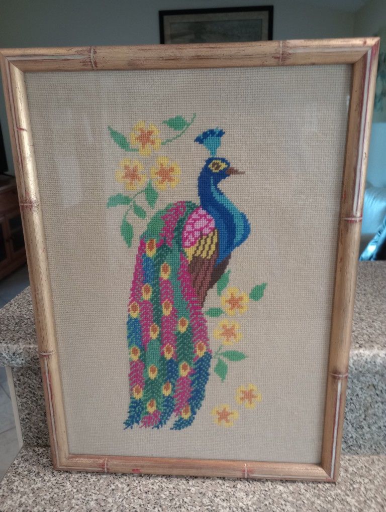 Vintage Peacock Flower Bird Needlepoint Crewel Crossstitch Embroidery Framed Tropical Exotic Art Arts & Crafts