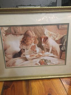 Framed Victorian Print Girl , Dog and Cat