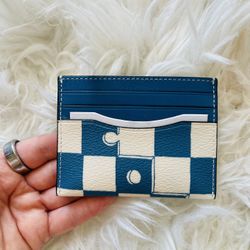 COACH CR396 Slim Id Card Case Checkerboard Print Coated Canvas & Leather Blue
