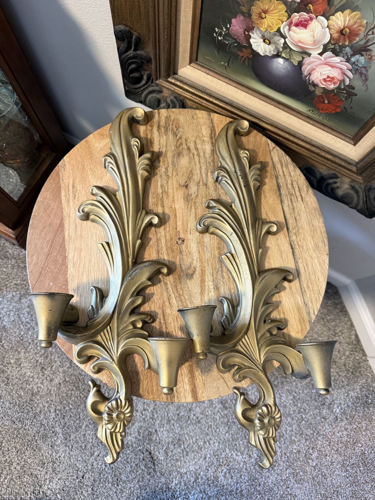 Pair of Vintage Hollywood Regency Wall Sconces / Candlestick Holders / Gallery Wall Decor / Ornate 2 Arm Candle Holder/ Ceramic Painted Gold