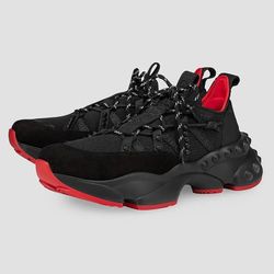 CHRISTIAN LOUBOUTIN TRAILNRUN BLACK RED LEATHER SNEAKERS LOGO SPIKES SZ 43 NEW