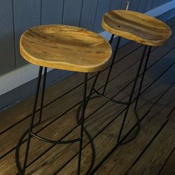 Two Solid Wood And Metal Stools
