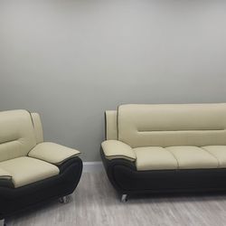 Biege/Black Faux Leather Sofa + Armchair
