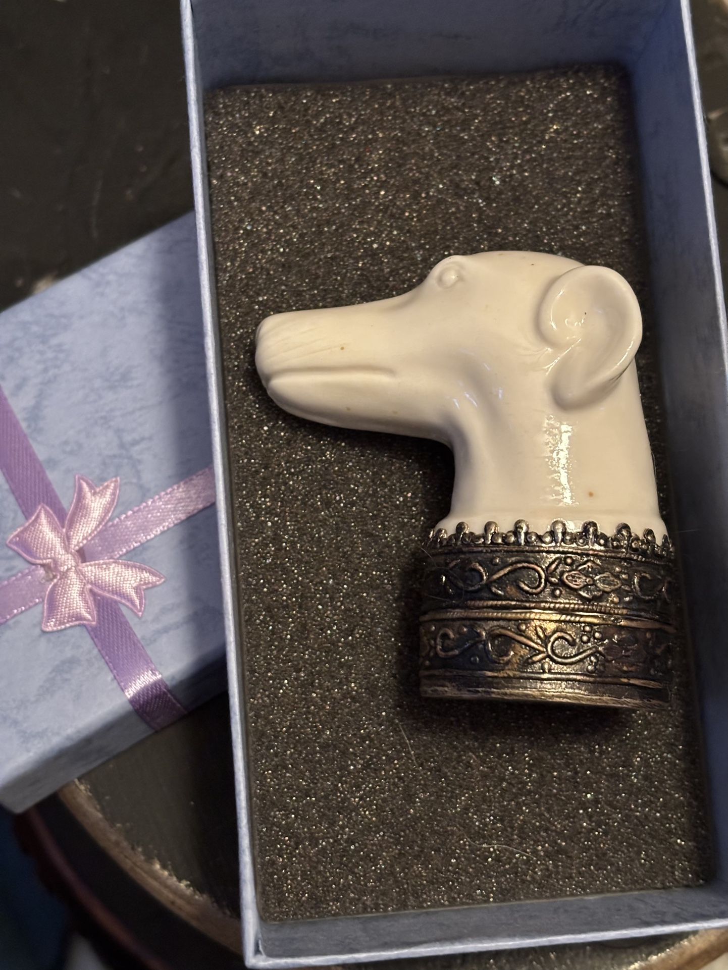 Museum Quality Porcelain Dog Trinket Box With Mirror On A Sterling Silver Filigree Base Vintage Opulence