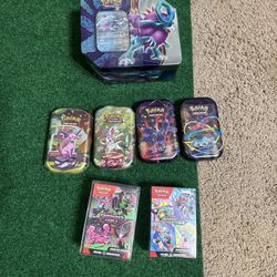 Pokemon Lot Mini Tins Of Prismatic And Mega Evolutions. Booster Bundles Paradox Clash Tin