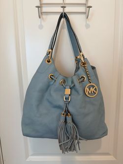 Michael Kors Light Blue Pebble Leather Drawstring Tote MK Charm Tassel