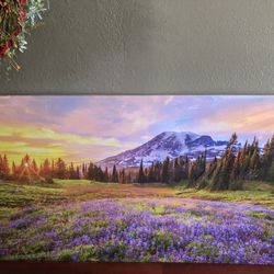 Flowers Wall Art Landscape Picture. Floral Artwork Prints. Wildflower Forest Mountain Sunrise. Nature Canvas Wall Art Painting for Living Room Ready t