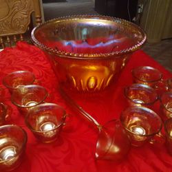 Indiana Carnival Glass Punch Bowl Set Marigold  Color