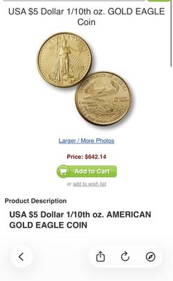 USA $5 Dollar 1/10th oz. AMERICAN GOLD EAGLE COIN
