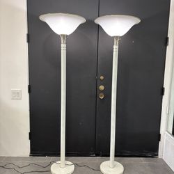 Pair of Vintage White, Metal, and Gold Tone Torchiere Style Postmodern Vintage Lamps