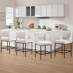 Upholstered Counter Height Stools, White Boucle Bar Stools with Metal Legs and Open Back, 26’’ Counter High Chairs for Kitchen Island, Home Pub, Set o