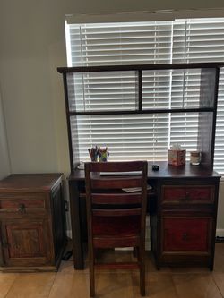 Rustic Wood Desk with Hutch, Chair, and Side Table
