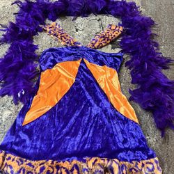 Halloween Costume, Psychedelic Spotted Faux Fur  And Crushed Velvet Dress With A Purple Feather Boa women’s size small Includes Dress And Boa