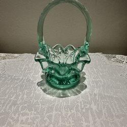 Fenton Art Glass Sea Mist Green Mini Bow Pattern Basket 