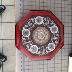 OLD CHINESE INLAID MOTHER OF PEARL
LACQUERED WOOD JEWELRY OCTAGONAL BOX
