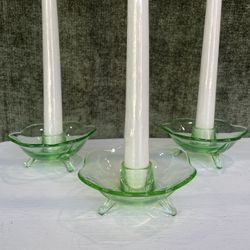 (3) 1930’s Uranium Petal Footed Candle Holders Green Glowing Glass Collectibles - Home Decor 