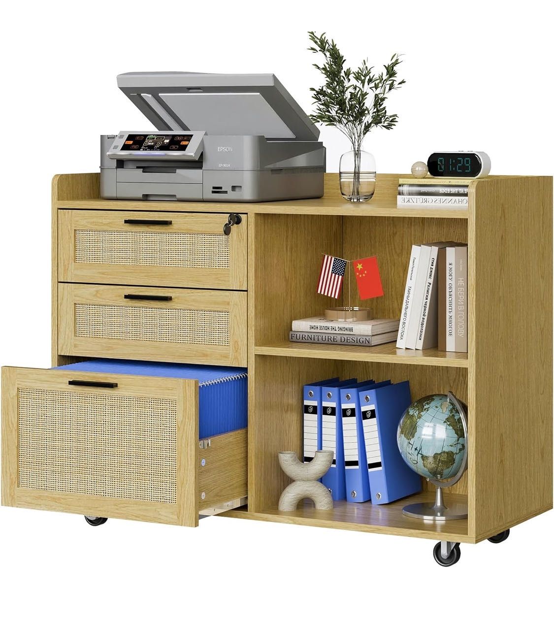 🥨File Cabinet for Home Office, Rattan Lateral Filing Cabinet with Shelves 3 Drawers Large Storage Organizer Mobile Printer Stand with Lock for Legal/