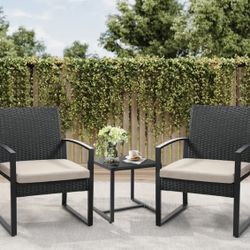 Rattan 3pcs Bistro Set, Outdoor Patio Furniture Conversation Set With 2 Chairs And 1 Safety Glass Top Table, Overstuffed Cushions, Wicker Porch Set, I