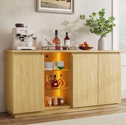 60” Natural Wood Buffet Cabinet w/ LED Lights