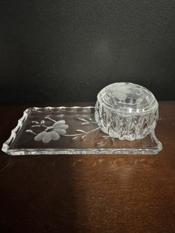 Princess House Jewelry Plate and Bowl Set Floral Pattern Lead Glass Set