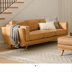 Mid century 3 section tan leather sofa