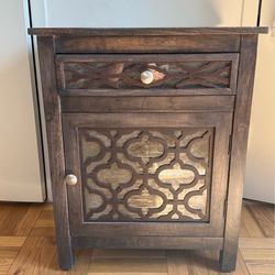 Antiqued Dark Wood Mirror Cabinet Nightstand