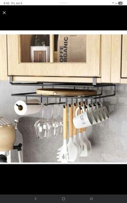 Under Cabinet Coffee Cups Holder Hanger, Nail Free Adhesive Under Shelf Mug Storage Organizer, Multi-Function for Cups, Kitchen Tissue & Utensils, Cut