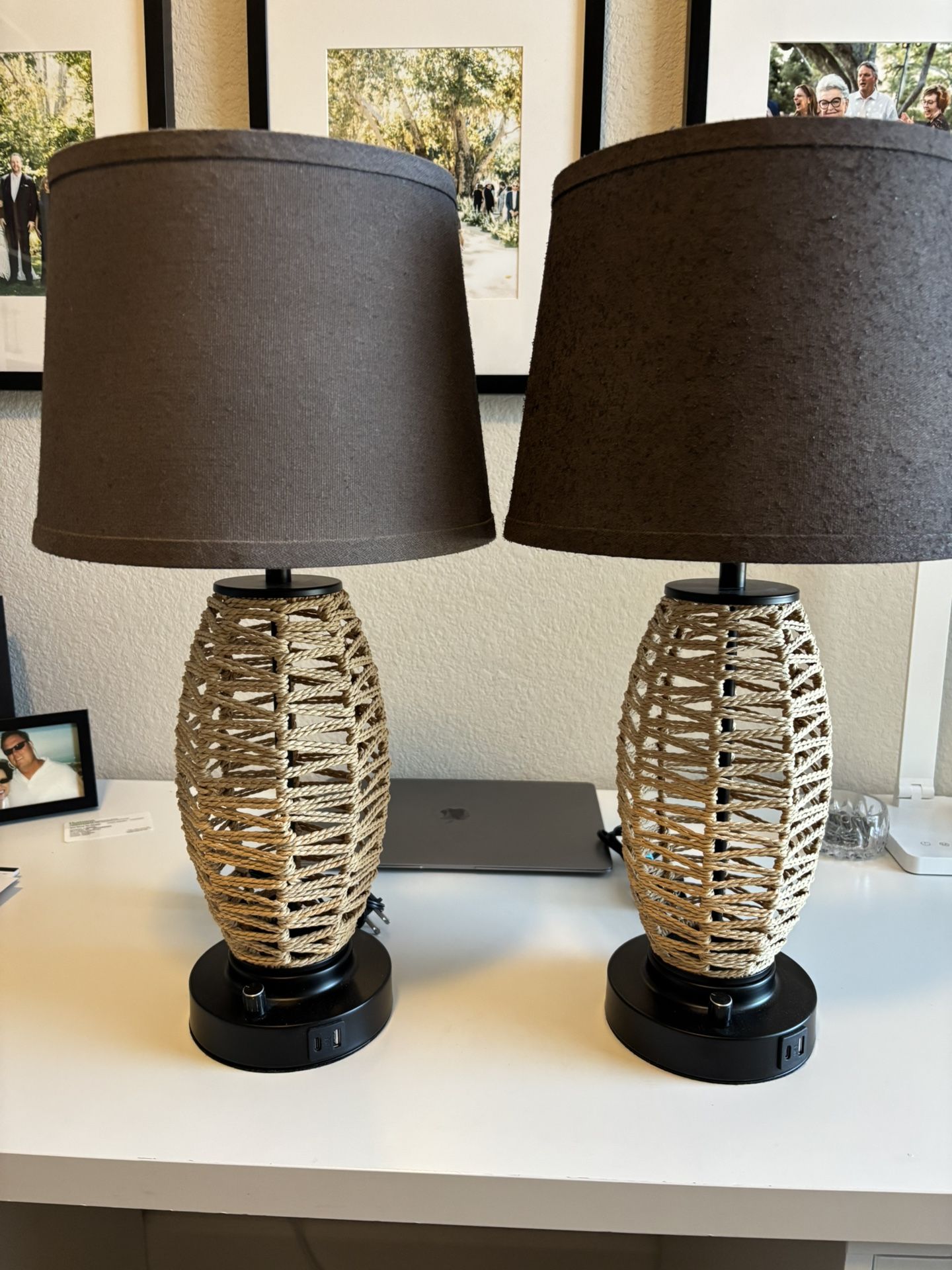 Pair Of Wicker 22” Lamps