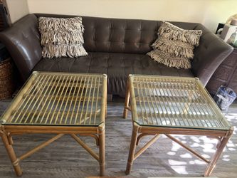 Pair Of Elinor McGuire Rattan Glass-Top End Tables
