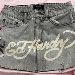 XS ED HARDY CROSS DENIM MINI SKIRT