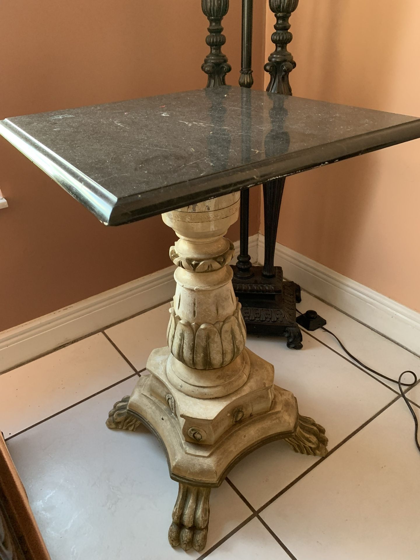 Black Marble Top Ornate Wood Base End Accent Table