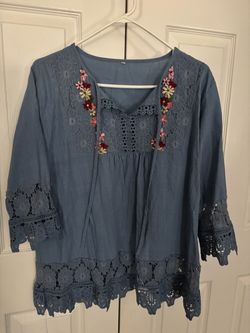Blue Boho Blouse with Lace and Floral Embroidery
