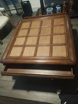 Wood and Rattan Coffee Table with Drawer