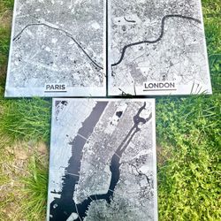 Set of 3 Metal City Map Prints – Paris, London, New York