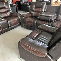 New Three-Piece, Brown Leather, Reclining Living Room, Sofa, Loveseat, And Chair