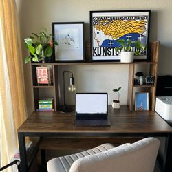 Large Computer Desk with Hutch and Storage Shelves Brown