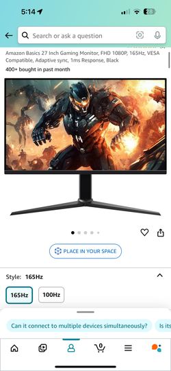 Amazon Basics 24 Inch Gaming Monitor, FHD 1080P, 165Hz, 1ms Response, Black