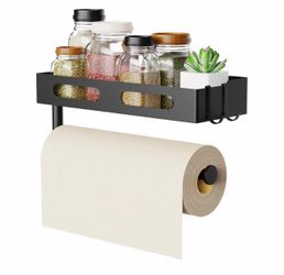 NEW Black Metal Paper Towel Holder with Storage Shelf
