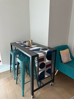 CB2 Go-Cart Rolling Counter Table & Carlisle Bar Stools