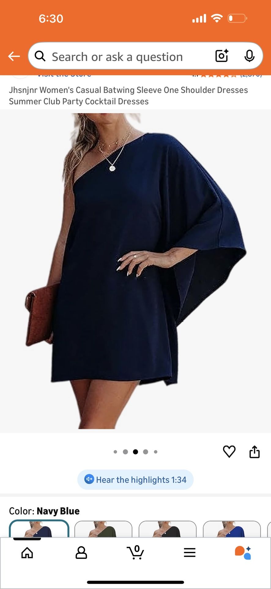 Medium- Bat Wing Sleeve, One Shoulder, Navy Blue Dress