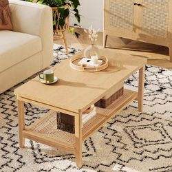 2-Tier Coffee Table for Living Room, Rectangular Living Room Table, with PVC Rattan Storage Shelf, Rounded Corners, Easy Assembly, Boho Style, 21.7 x 