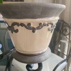 Medium Ceramic Planter With A Lot Of Detail, Two Tone, Almond And Gray Top And Base And Embossed Artwork Around