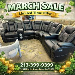 Modern Black Living Room Reclining Sectional Sofa With LED Light 