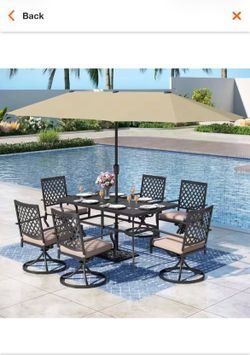 8-Piece Metal Outdoor Patio Dining Set with with Beige Cushions and Umbrella