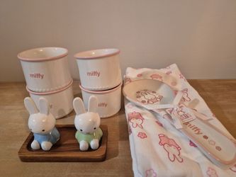 NEW Miffy cup, spoon rest, dish towel, and salt&pepper shaker set.