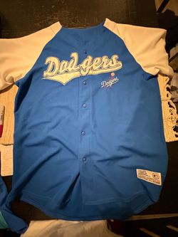 XL Dodgers Dynasty Blue and white Athletic Dodgers baseball jersey with white 'Dodgers' script logo #baseball #mlb