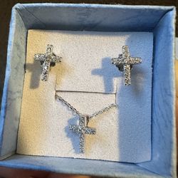 Cross Pendant Necklace & Earrings S925 Sterling Silver Cubiz Zirconia